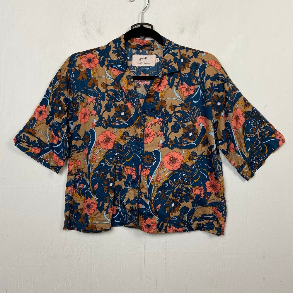 Papinelle x Karen Walker Pajama Set Top Shorts Teal Floral Piping Lounge Size XS